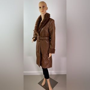 Stoosh  Women’s Faux Brown Leather Fur Trimmed Midi Blazer Coat